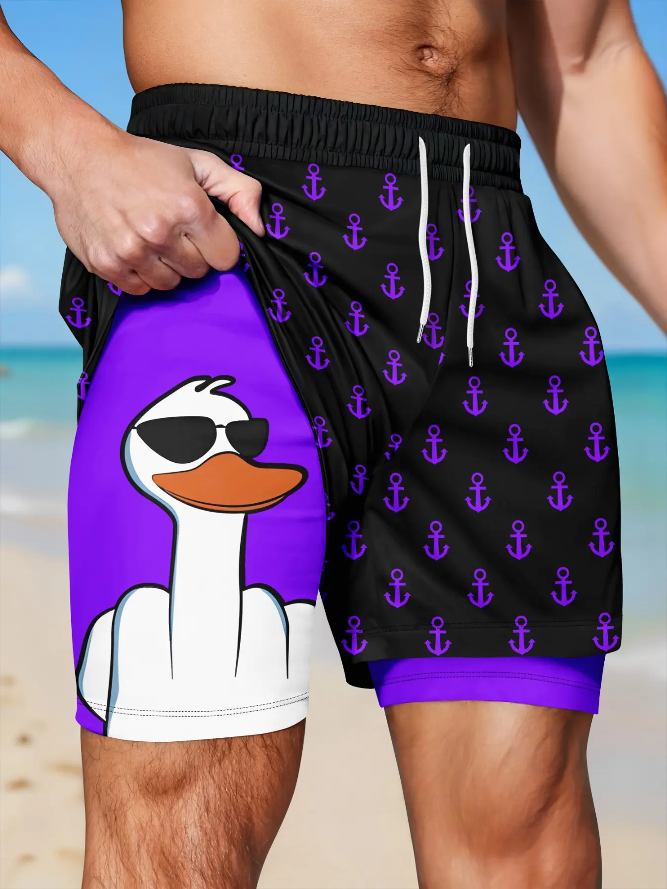 Men's 2-in-1 Quick-Dry Beach Shorts, Swimwear Shorts, Cool Cartoon Duck & Anchor Print Drawstring Casual Summer Swim Trunks, Swimsuit Shorts for Vacation