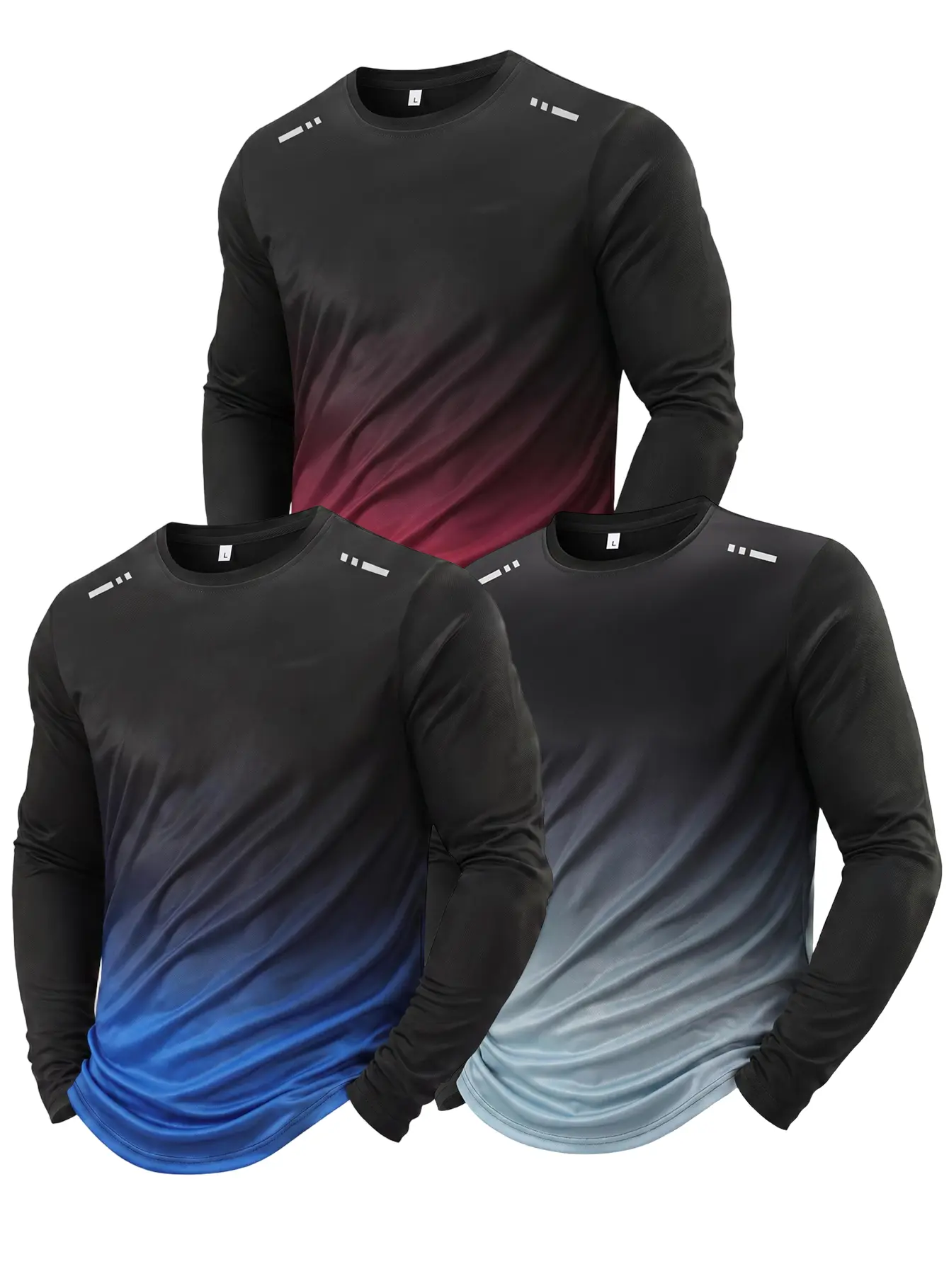 Men’s long-sleeve gradient running top with reflective strips, cool-touch, moisture-wicking, non-sticky feel, quick-drying, for outdoor training