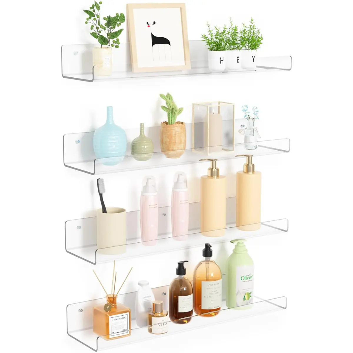 4 Pack Acrylic Shelves for Wall Storage 15" Floating Bookshelves for Display Shelf Organizer for Bathroom Bedroom Living Room Kitchen Room Decor Clear Space Saving Decoration Sturdy Acrylic Floating Shelves