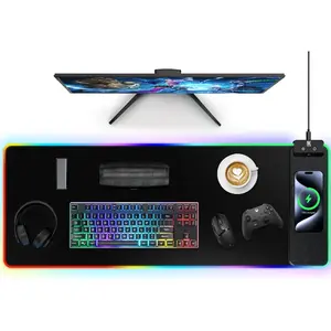 Mouse Pad For Wireless Charging, Large Desk Mat RGB Gaming Mousepad For Keyboard, 10 Light Colors LED Gaming Pad With Ultra-Smooth Surface & Non - Slip Rubber Base, Waterproof Full Desk Mouse Pad