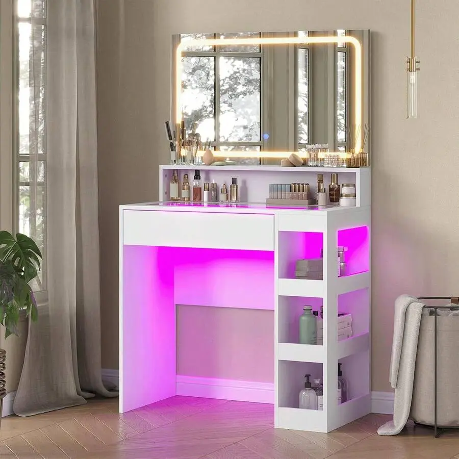 Makeup Vanity with Lights - Modern Vanity Desk Furniture, Bedroom Dresser Desk with Illuminated Mirror, Power Outlet, Stepless Dimmable 3-Color Modes, LED Tempered Glass Top, Large-Capacity Beauty Storage Shelving, Adjustable, Hair Dryer Holder