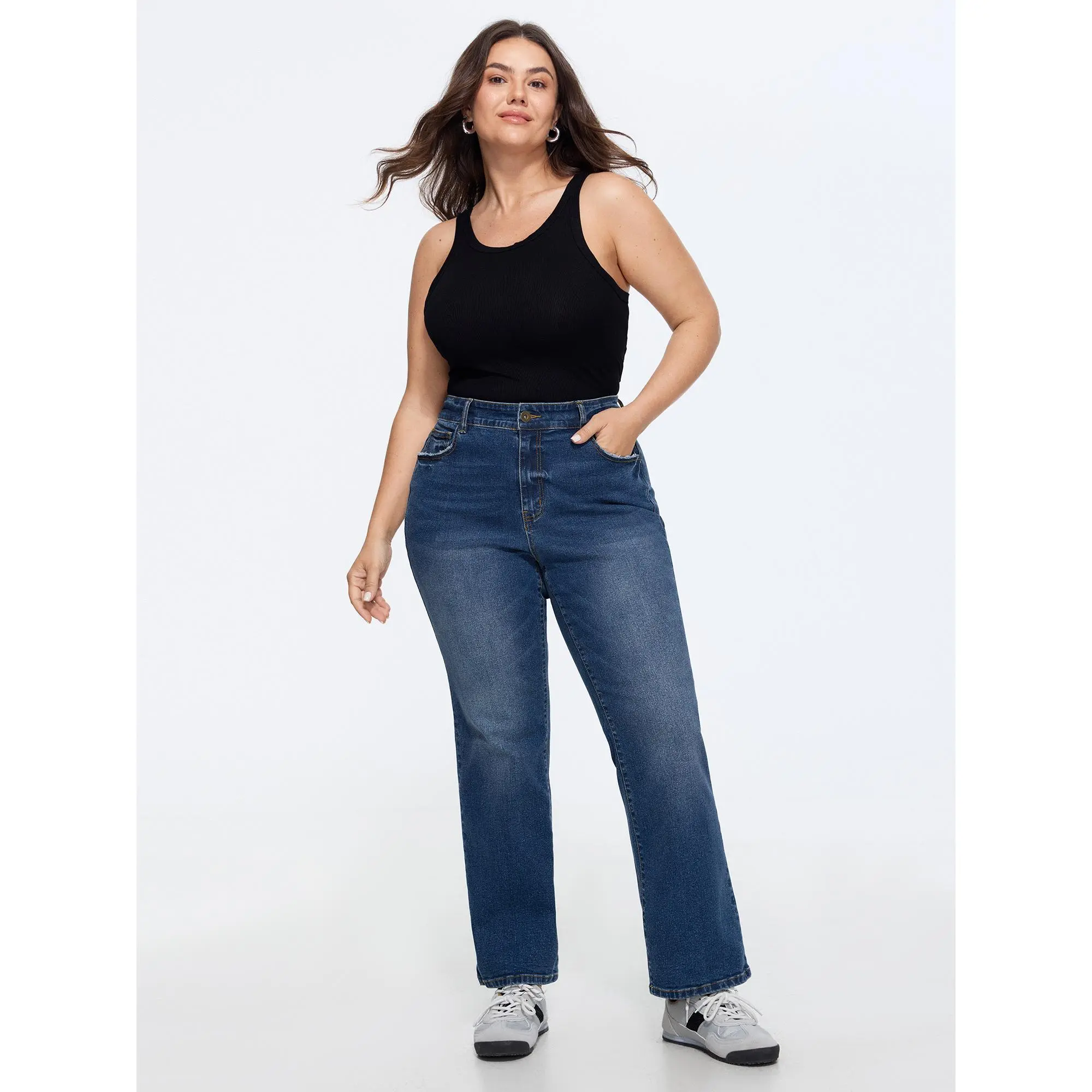 BloomChic Plus Size Regular Straight Leg Jeans in a Solid Stretch Cotton Blend with Mid-Rise 5-Pocket Styling, Bottoms, Fabric, Garment, Basic,clothes for back to school,first day of school outfits