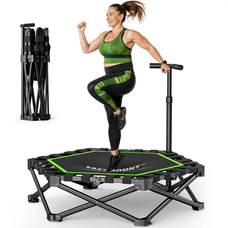 EAST MOUNT 42" Hexagonal Springless Trampoline for Adults - Home Workout Equipment with Handle, Silent Bounce, Compact Fold, 440lbs Max Load, Bungee Cords, Jump Mat for Trampoline Workout (Indoor & Garden Use)