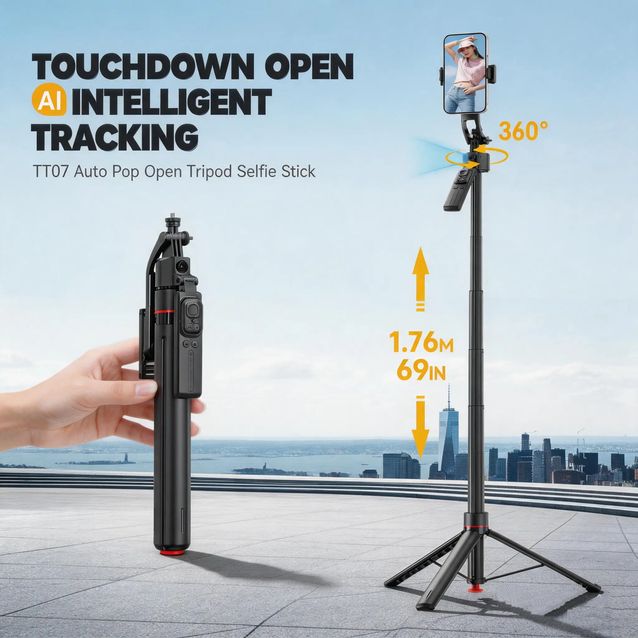 Multifunctional Camera Tripod Selfie Stick - Automatic Pop-Up Design, AI Smart Tracking Gimbal, Jump Pole Feature