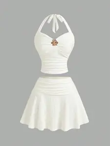 French-style elegant halter neck ruffled top + high-waisted umbrella skirt, gentle vacation outfit set, beach resort style, Chic