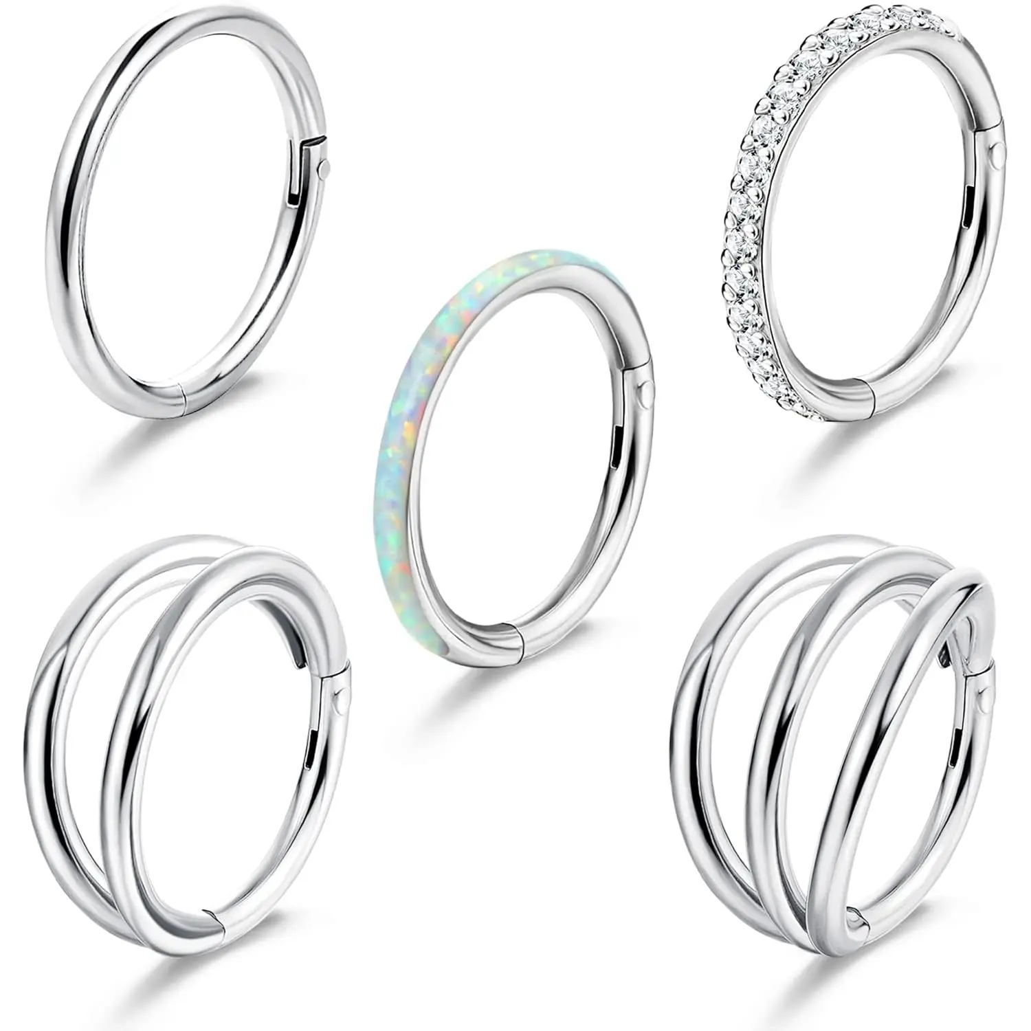 YADOCA 5Pcs Surgical Steel Body Piercing Jewelry - 18G/16G Clicker Hoops with CZ Opal, for Women - Septum, Lip, Nose, Helix, Cartilage, Conch, Rook Earrings (8mm, 10mm, Cubic Zirconia), Nose Rings