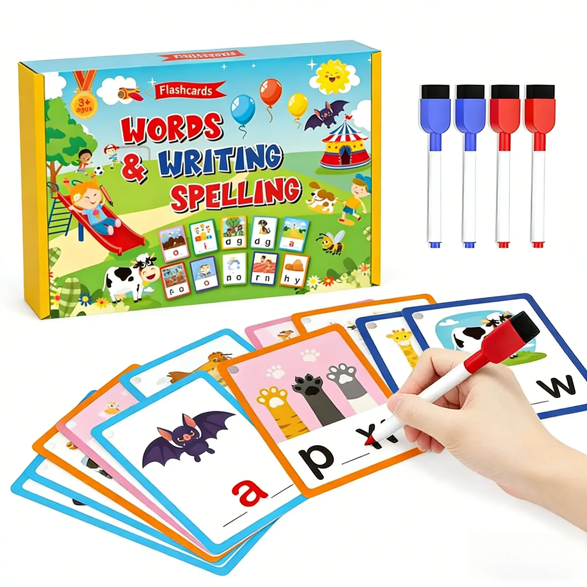 Preschool Learning Toys for Kids, CVC Word Flash Cards with 4 Dry Erase Markers, Fun Phonics Reading Game for Toddlers Ages 3-6, Reusable Spelling Writing Practice Cards, Kindergarten Classroom Learning Activity, Early Education Toy