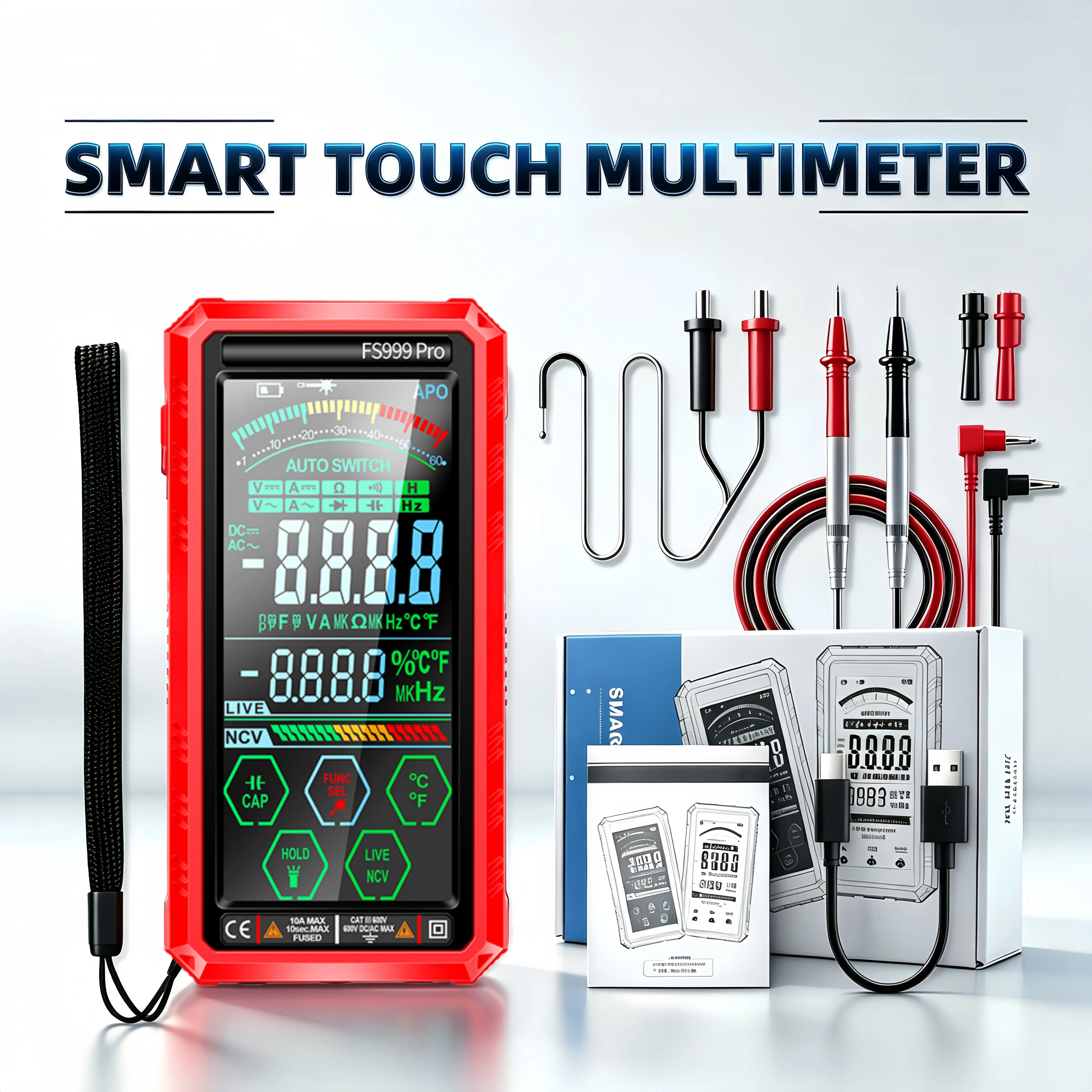 ADESKE Touchscreen Digital Multimeter – Electrical Tester with Laser Guide, Flashlight & Shockproof Protective Case