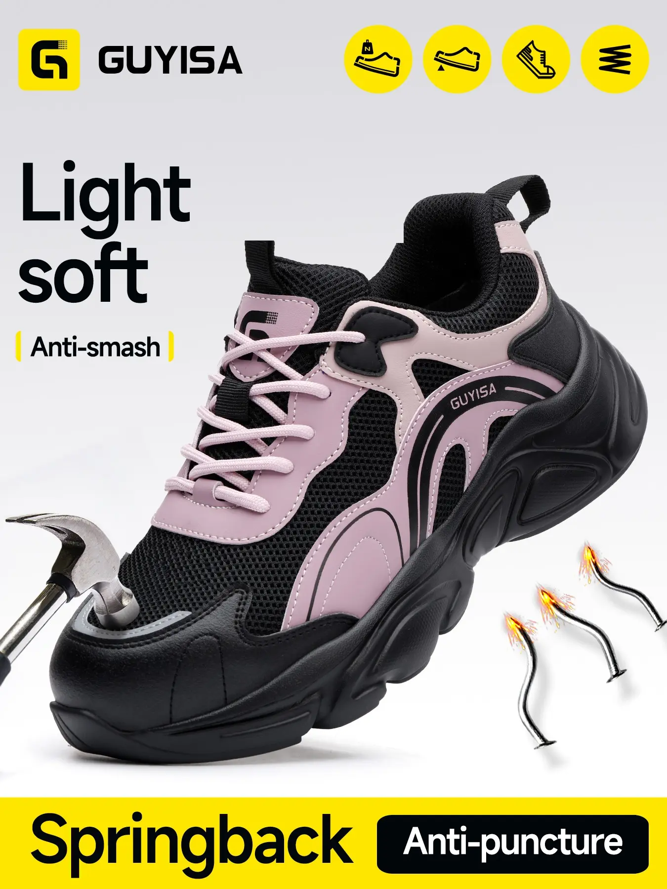 Women's Lightweight Safety Shoes, Casual Style, Breathable Mesh Fabric, Anti-Puncture Kevlar Sole, Low Top Work Protective Shoes, All Seasons, Worker