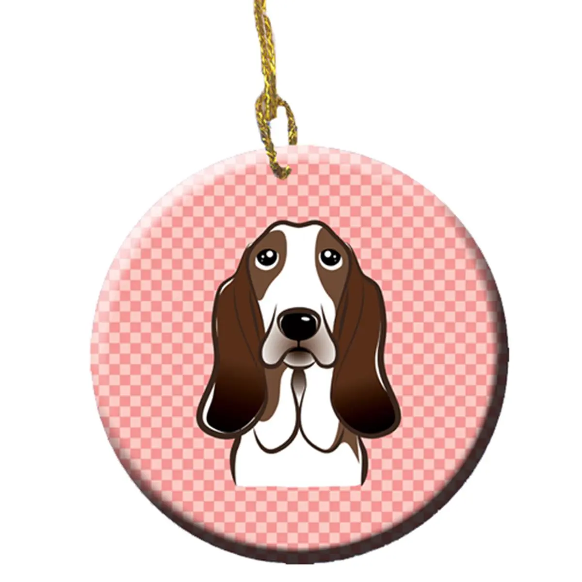 Checkerboard Pink Basset Hound Porcelain Ceramic Ornament - 2.8x0.15x2.8", Light Weight, Corded Checkered Hanging Christmas Decor, Paintable Customizable Home Supplies Festive Gift, Paint, 2.8 X 0.15 X 2.8 In