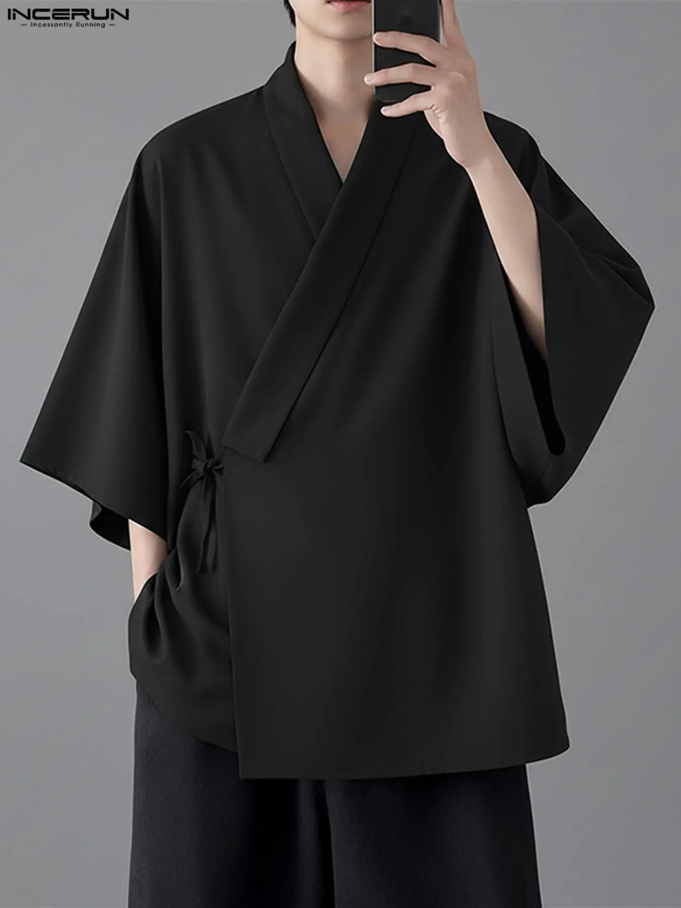 INCERUN Men's Asymmetrical Collar Seven-Quarter Sleeve Loose Fit Solid Color Open Front Cardigan, Casual Fashion Outerwear for Daily Wear