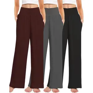 3PACK Women's Casual Loose Wide Leg Cozy Pants Yoga High Waisted Sweatpants Comfy Lounge Pants with Pants with Pockets