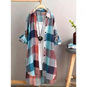 ?? Plus Size? Plaid print button shirt dress, casual long-sleeve collared button-up cover-up shirt dress for spring and fall, women’s clothing for daily wear, top