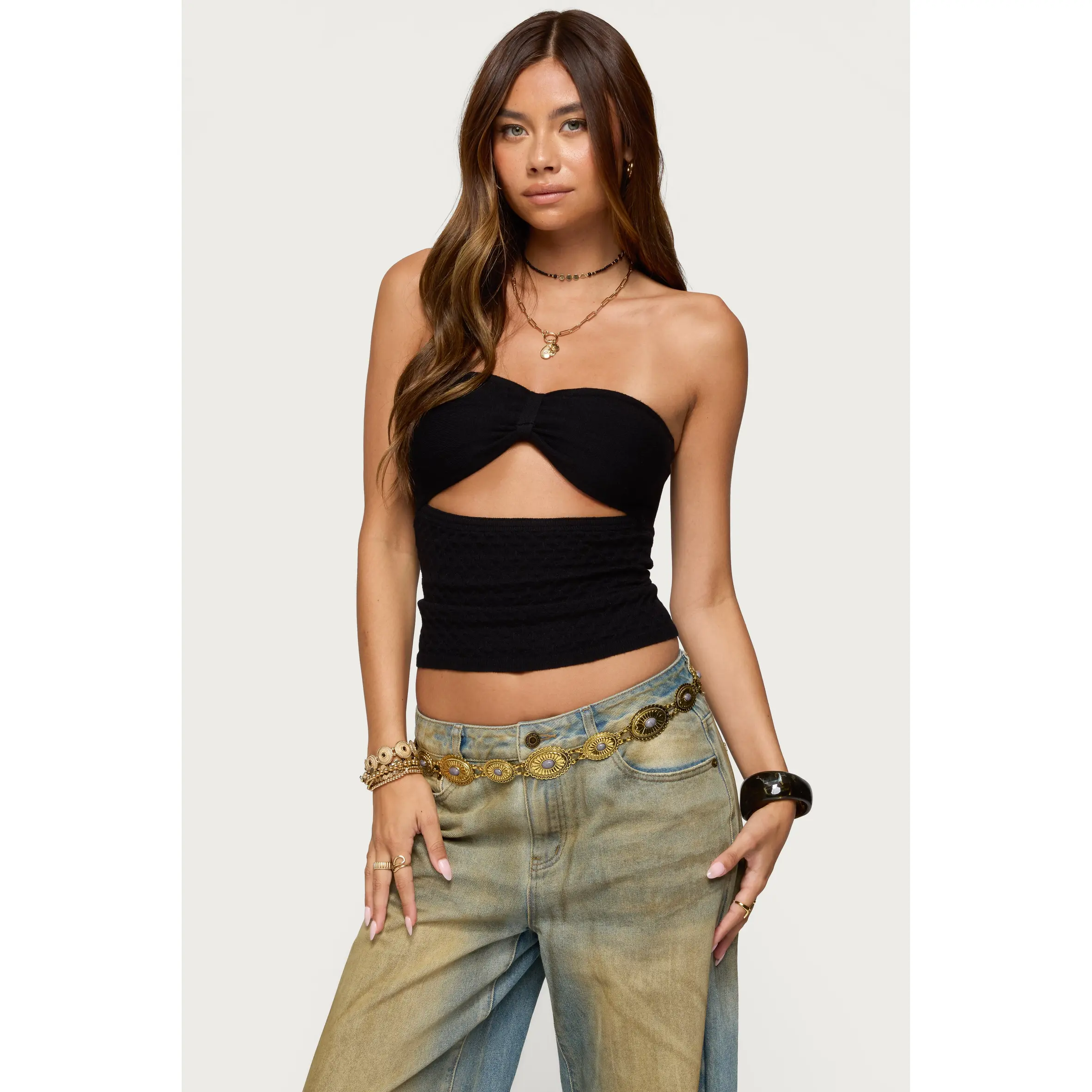 Textured Knit Strapless Cutout Top