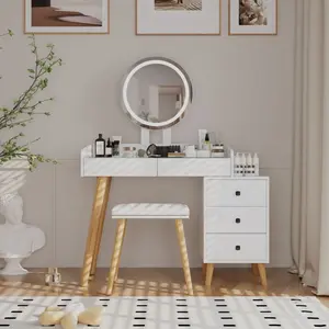 White Makeup Vanity Desk Set with LED Lights, Glass Top, Extendable Side Table, 5 Drawers, Mirror and Stool, Indoor Furniture Dressing Table for Bedroom (includes stool)