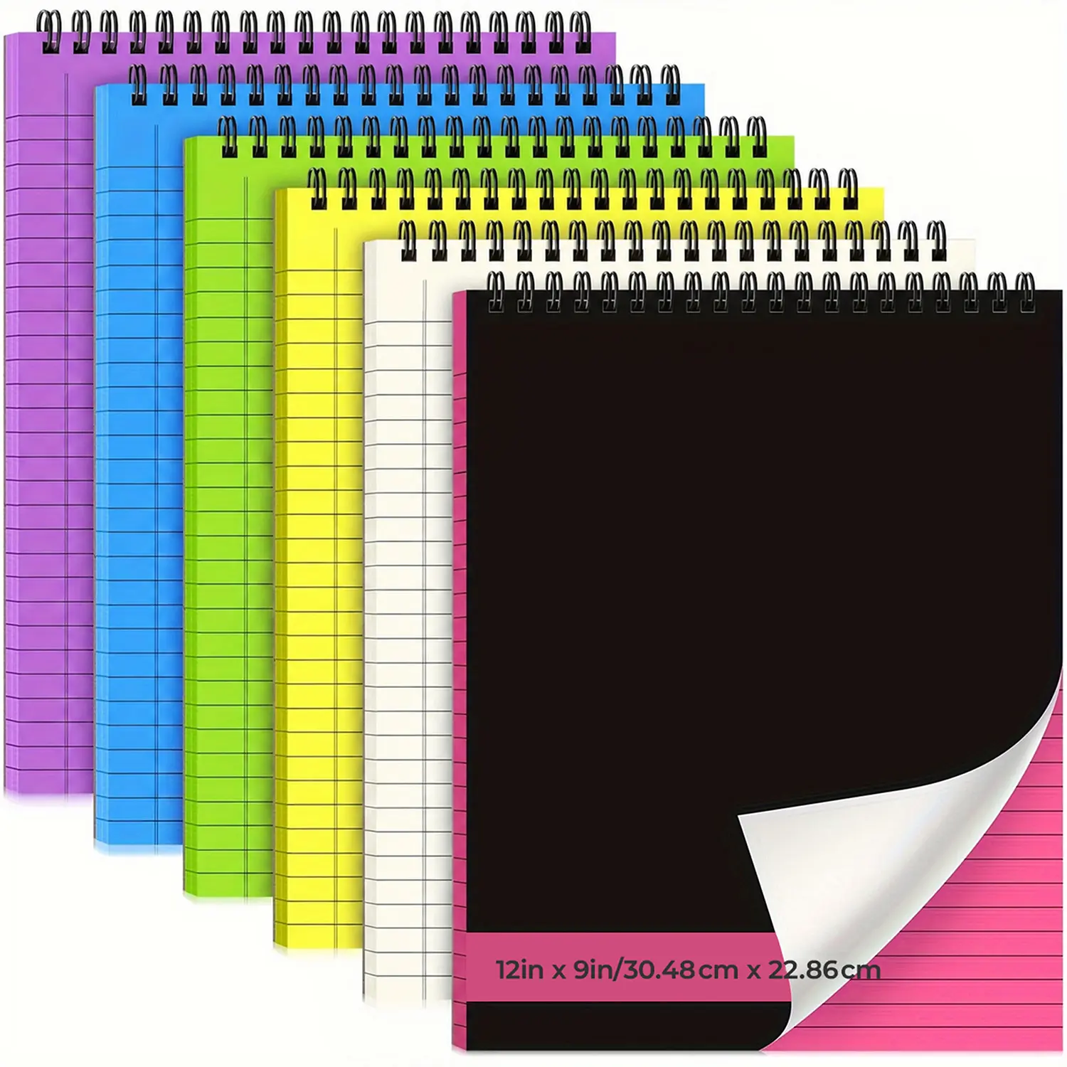 6 pcs hard-cover spiral-bound grid notebooks (12×9 inches and 8.3×6 inches / 8.5×11 inches), totaling 192 pages with double-sided writing, office accessories, modern writing aids, suitable for flat lay use, ideal for office note-taking, offering a variety