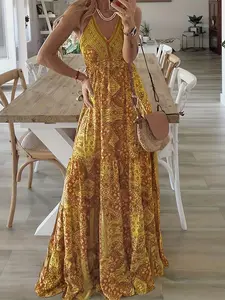 V Neck Halter Maxi Dress, Ethnic Print, High Waist Flowy Vacation Dress