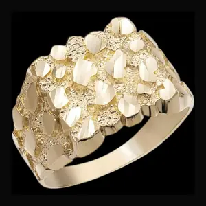 HIGH-END 14K GOLD PLATED BRASS MEN'S PINKY RING GOLDEN NUGGET STYLE HIP HOP LUXURY SIZE 8 ~ 12