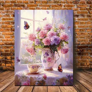 1pc Wooden Framed Canvas Painting - Pink Roses Bouquet with Butterflies, Vintage Floral Art Print for Bedroom & Living Room Decor, Ready to Hang, Serene Home Wall Decoration	