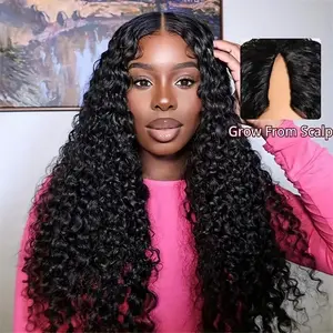 V Part Wigs Human Hair 180% Density Deep Wave Upgrade U Part Human Hair Wigs with Drawstring No Leave Out No Sew Glueless Clip In Half Wig for Women Scrunchies Colorful Hair Ties