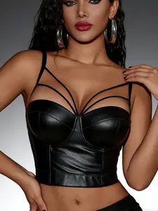 26 Valentine's Day Women's Black PU Adjustable Strap Cropped Statement Corset Top - Multi-Strap & Hook & Eye Closure Bustier, Viral Edgy Chic Club Outfit Womenswear