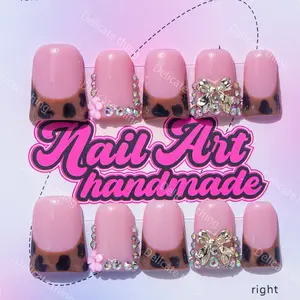 Delicatething Y2K Style Duckbill Nail Set, Handmade Wearable Nails with Nail Art, Vibrant Embellishments, Colorful Diamonds, Gold Ribbon, Rhinestone Bow Decorated, French Design, S M L Sizes, Perfect Gift for Women