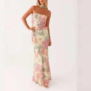 Women's floral print long dress, elegant and sophisticated, with a backless strapless design, suitable for summer parties