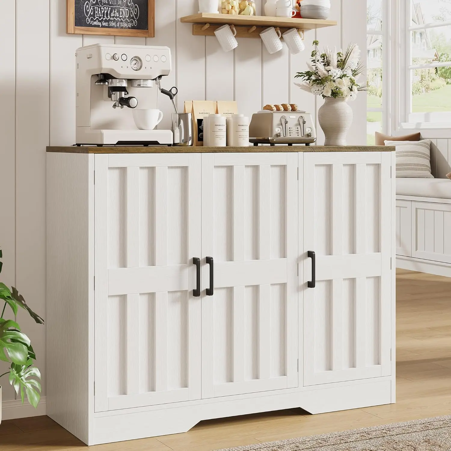 Modern Farmhouse Buffet Cabinet with Storage, 42" Large Sideboard Storage Cabinet with 3 Barn Doors, Coffee Wine Bar Cabinet Wood Table Credenza with Adjustable Shelf for Kitchen Dining Living Room