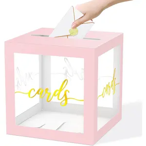 Clear Card Box for Party, 8.7"  Foil  Receiving Box Holder for Wedding, Bridal Shower, Graduation, Birthday, Retirement,  Shower, Anniversaries Party Decorations (Pink)