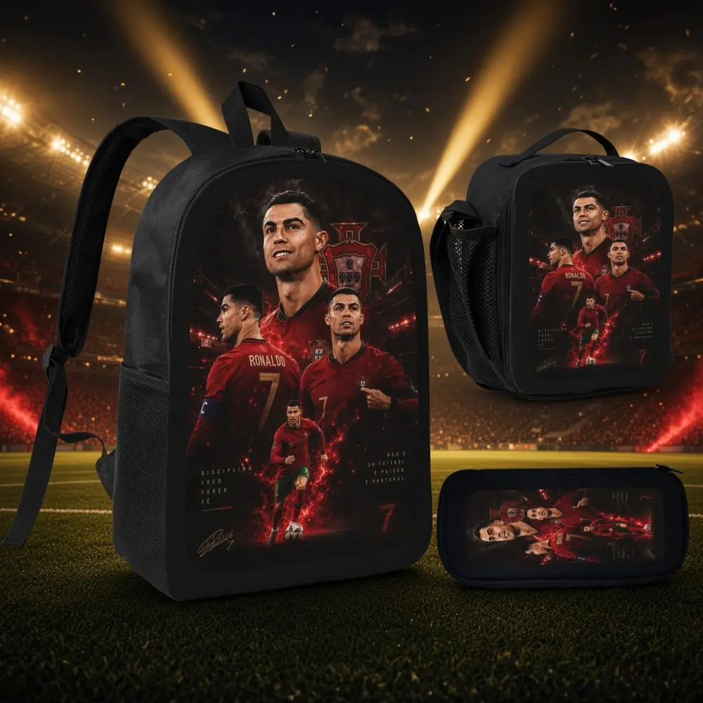 Ronaldo 3-Piece Backpack Set, 17in Teen Student Oxford Rucksack with Lunch Bag & Pencil Case, Dark-Tone Soccer Star Collage Print, Sports-Theme Gift for Football Supporters