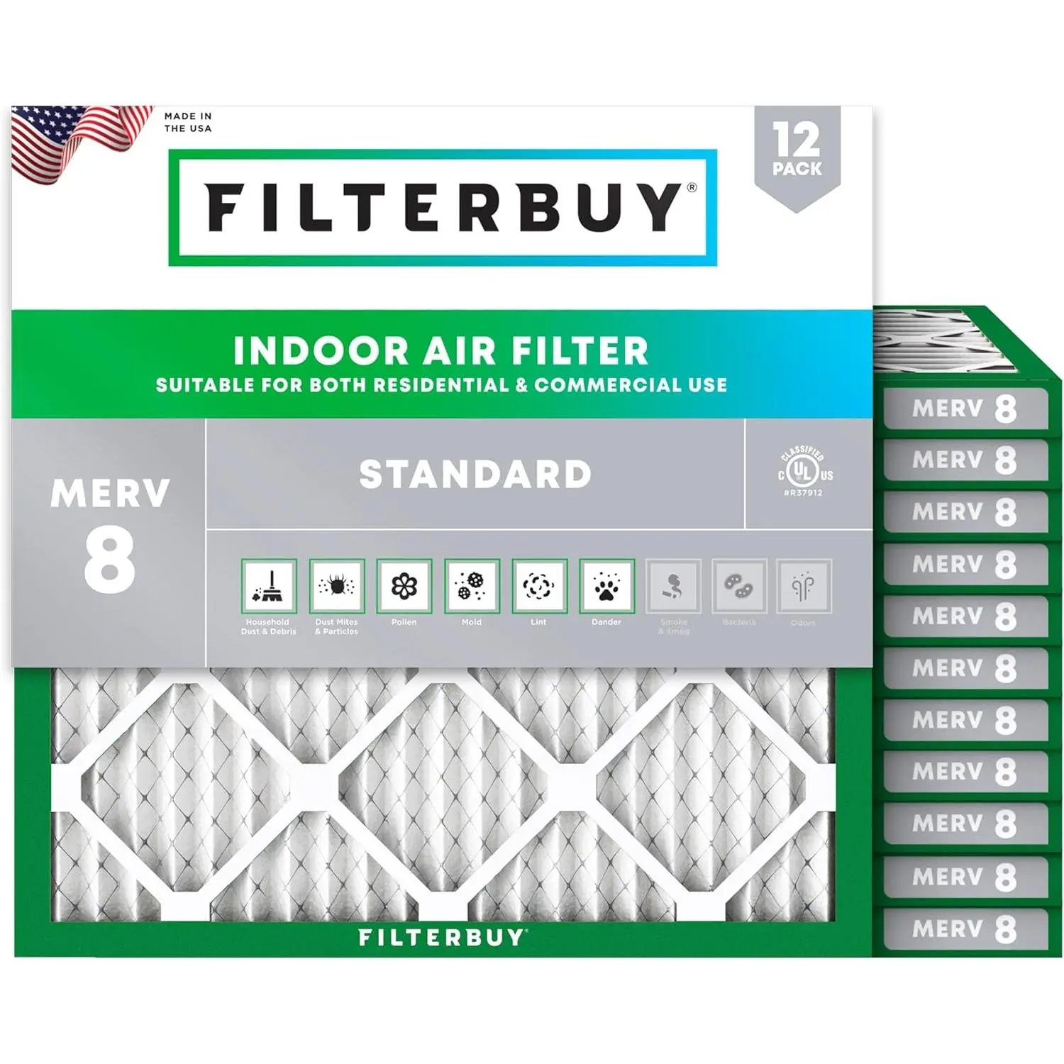 Filterbuy Square Polypropylene Replacement Air Filter (12-Pack) - 14x14x1 In, Pleated MERV 8, Synthetic Electrostatic, Eco-Friendly Dust Capture for HVAC AC Furnace (Actual Size: 13.75x13.75x0.75 In)