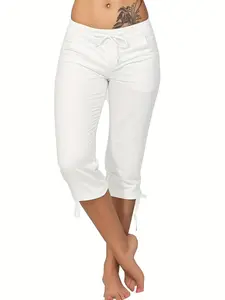 Women's Lightweight Seven-Quarter Pants with Adjustable Drawstring Waist, Comfortable and Stylish Casual Trousers for Spring and Summer