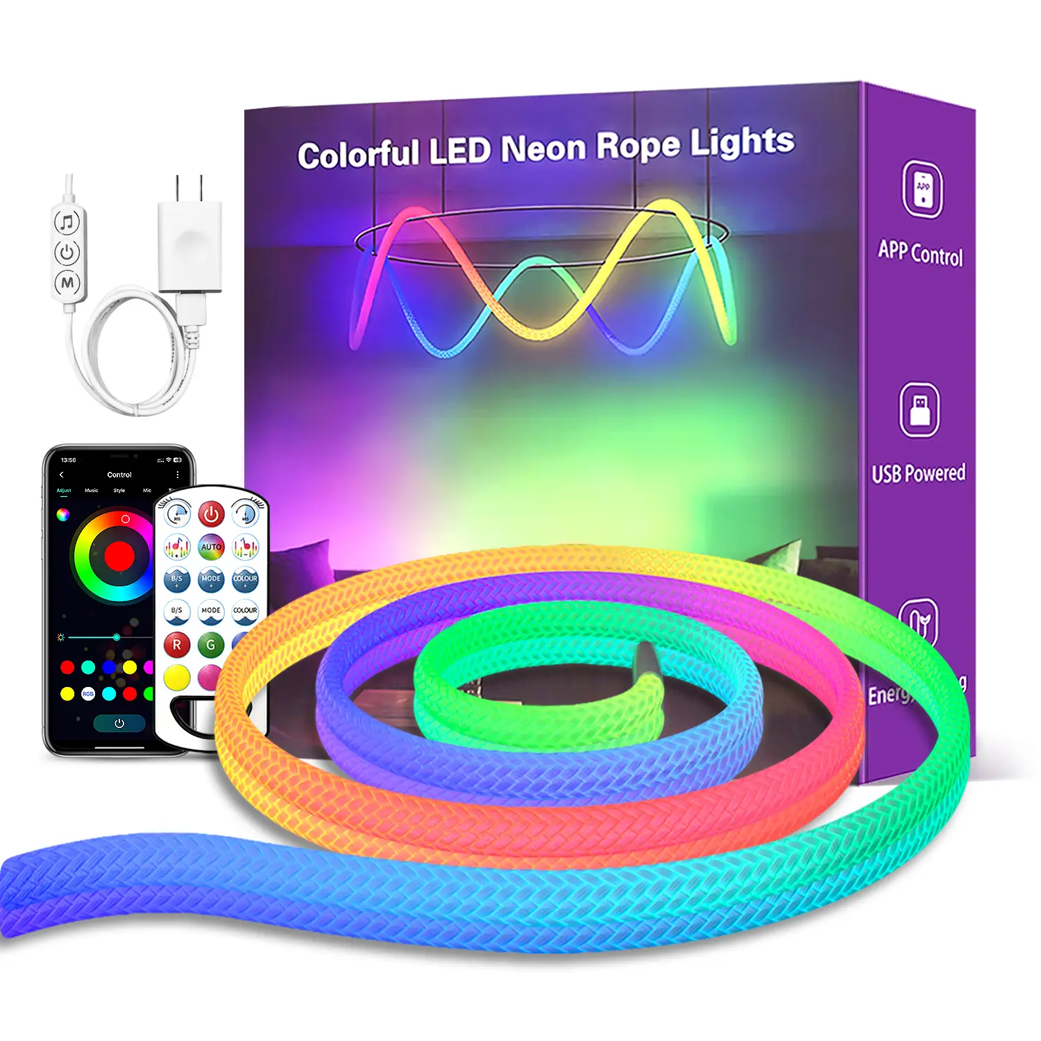 9.84ft Neon LED Rope Lights, 360° Luminous Waterproof Strip with Music Sync, Remote & APP Control, for Indoor/Outdoor Gaming Room, Bedroom led light