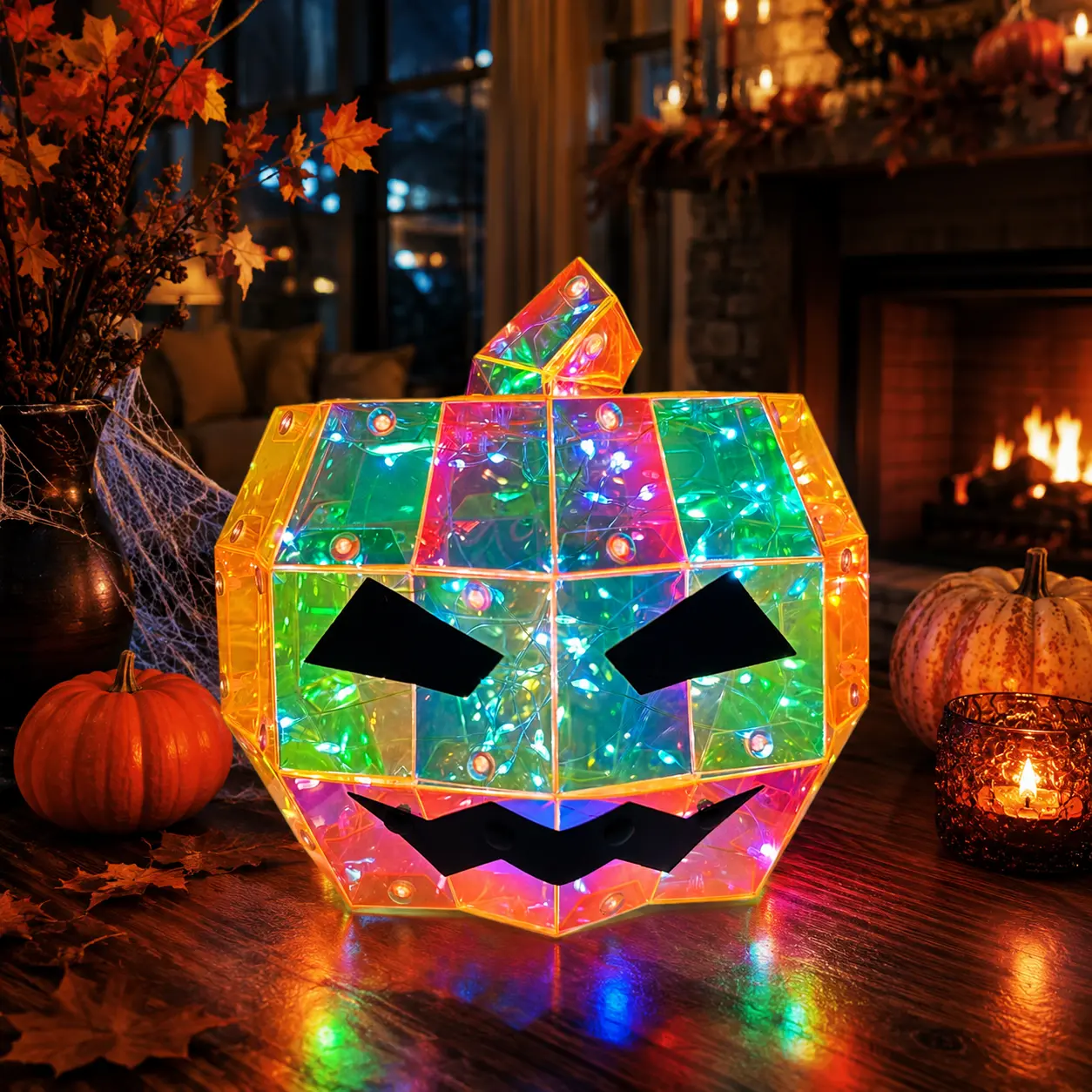 Halloween Decorative Colorful LED Spooky Pumpkin Lights, battery-powered or USB-powered, glowing pumpkin lights, perfect for the dining table, fireplace, porch, mantel, haunted house parties, spooky decorations, and Halloween gifts