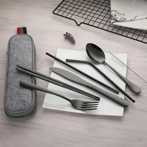 Black 8-Piece Stainless Steel Portable Cutlery Set - Includes Knife, Fork, Spoon, Chopsticks, Cleaning Brush, Straws, and Storage Case