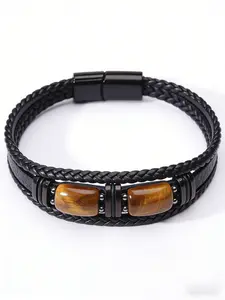 Black Braided Leather Tiger's Eye Bracelet, Rugged Modern Minimalist Jewelry with Genuine Tiger's Eye Accents, Multi-Layer Braided Design & Magnetic Clasp for Men's Daily Wear, Streetwear, Casual & Outdoor Occasions