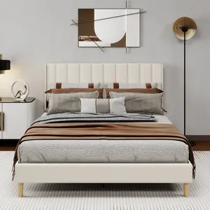 Upholstered Platform Bed Frame with Wingback headboard Wooden Slats Support