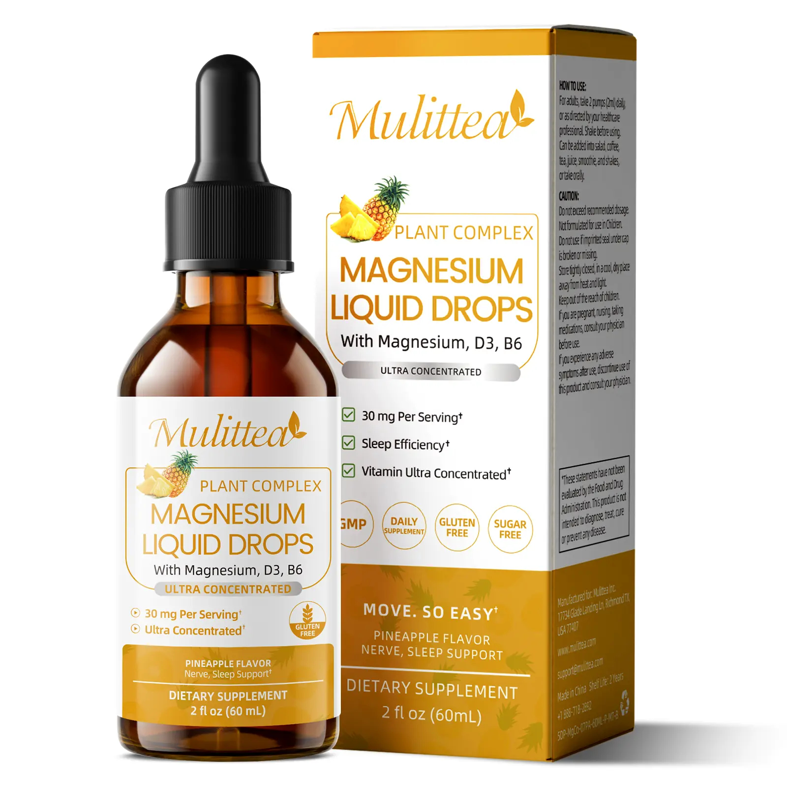 Mulittea Magnesium Complex Liquid Drops, Magnesium Glycinate with Oxide, Taurate and Citrate, Calm Magnesium for Bone, Muscle, Sleep & Digestion, High Absorption, Sugar-Free Pineapple Flavor, 2 Fl Oz