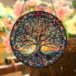 Tree of Life Suncatcher – Faux Stained Glass Window Hanging, Christmas Home Window Decoration Gift