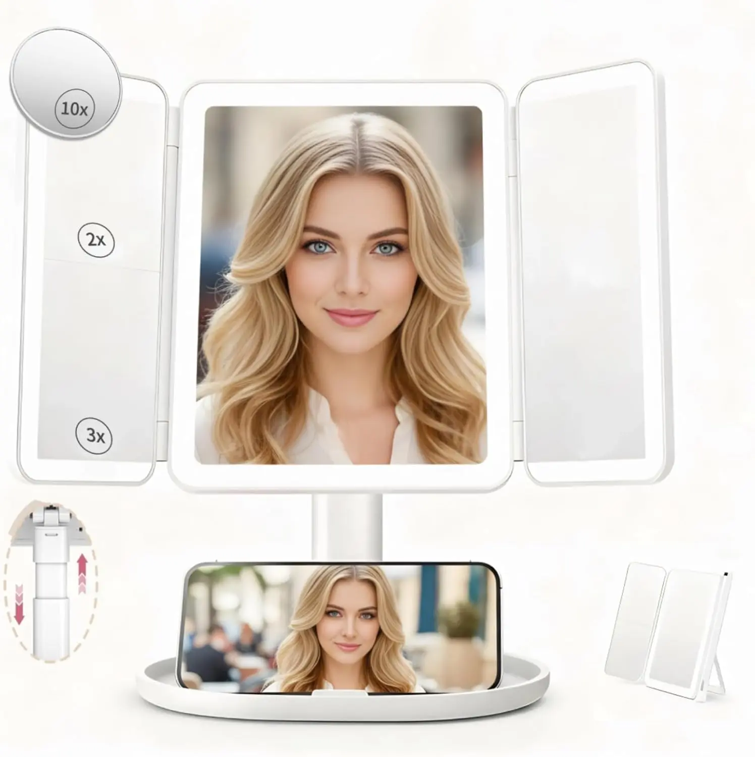 Lighted Makeup Vanity Mirror, Height Adjustable Trifold Mirror with Seamless Light Strip, 1X/3X/5X/10X Magnification, 2000mAh Rechargeable Desk Mirror, Dimmable 3 Color Lighting, Gifts for Mom Women