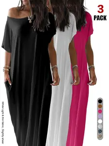 2026 Spring Summer Womenswear Women's Off Shoulder Maxi Dress, Short Sleeve Loose Casual T-Shirt Dress, Soft Breathable Loungewear with Pockets, Solid, Striped & Print Options for Beach & Daily Wear