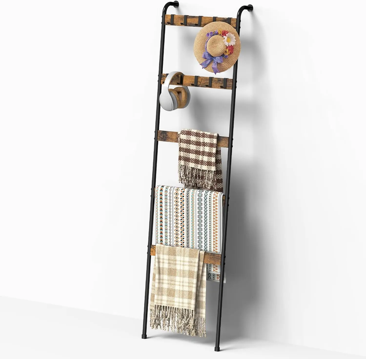 Rustic 5-Tier Wooden Blanket Ladder with 10 Removable Hooks - Cottage Style Ladder Shelf, House Decor, Home Supplies, Shelves for Bedroom, Indoor Storage Rack#tiktokshopsummersale