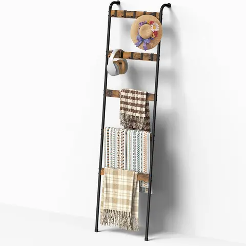 5-Tier Rustic Freestanding Farmhouse Metal+Wood Frame Blanket Ladder Shelf - 10-Hook Storage, Removable Hooks, Anti-Slip Pads, Organiser, Home Accessories for Bedroom Indoor Storage Rack#tiktokshopsummersale