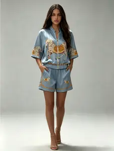 LikeMyChoice 2026 Dual Color Year of the Horse Print Satin 2-Piece Set, Black Luxury Zip-Up Top & Shorts Loungewear