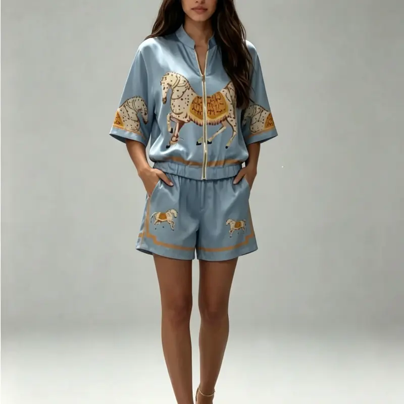 LikeMyChoice 2026 Dual Color Year of the Horse Print Satin 2-Piece Set, Black Luxury Zip-Up Top & Shorts Loungewear