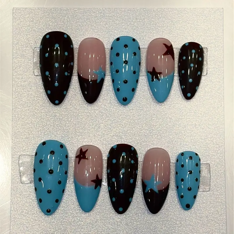 10pcs | Almond | Retro Y2K Polka Dot Press On Nails Blue Brown French Tip Star Design