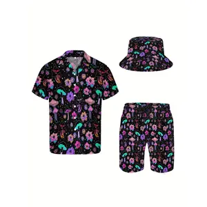 [Made in US] 3pcs Men'S Hawaiian Shirt And Short Set, Magic Neon Mushroom And Flowers Soft Fabric Breathable Shirt Button Short Sleeve Casual Beach Shirts Outfits