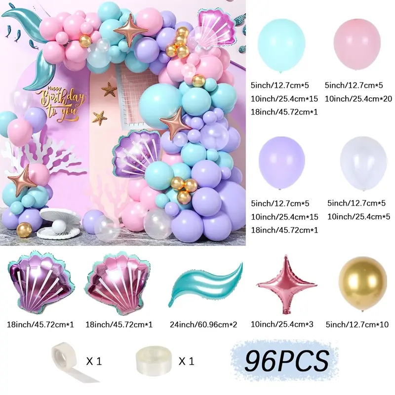 96pcs Light Purple Mermaid Shell Themed Balloon Arch Kit, Under The Sea Theme Party Balloon Decoration, Macaron Pink Mermaid Balloon Rubber Chain, Birthday Party Balloon Chain