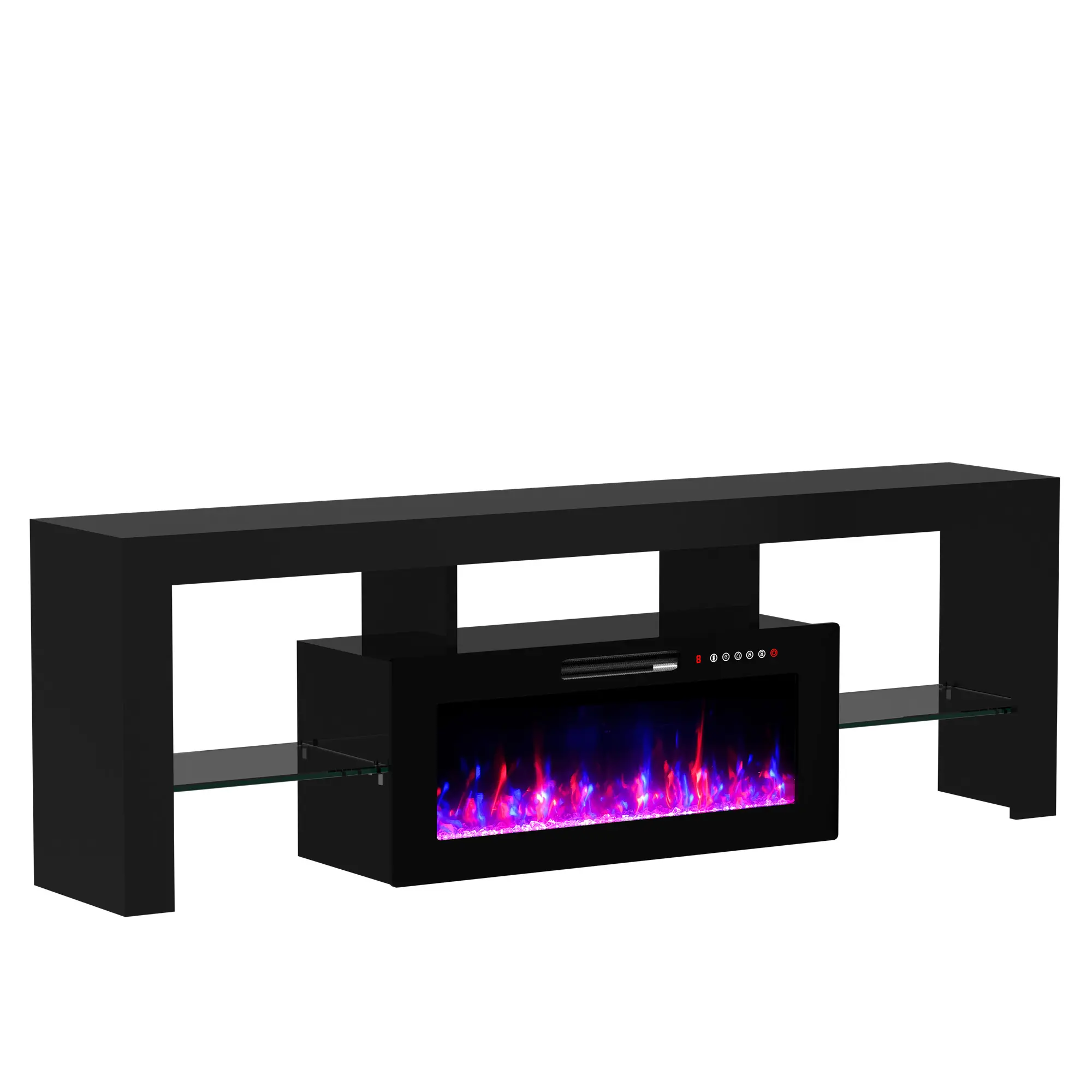 Modern Fireplace TV Console Table - 70" Ambient Room Multimedia Centre for TVs Up to 80", 36" Electric Fireplace Heater, Built-In LED Light Bar, Adjustable Glass Shelves & Storage for Living Room