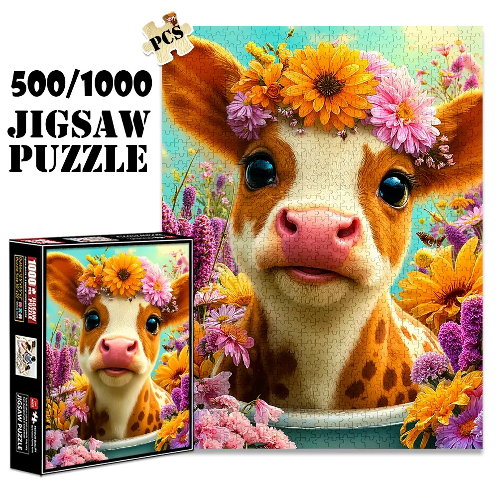 1pc 1000 piece adult puzzle 70x50cm Cute Cow with Flower Crown Surrounded by Blooms 500 pieces paper jigsaw puzzle suitable for DIY creative games for adults and families, birthday and holiday stres